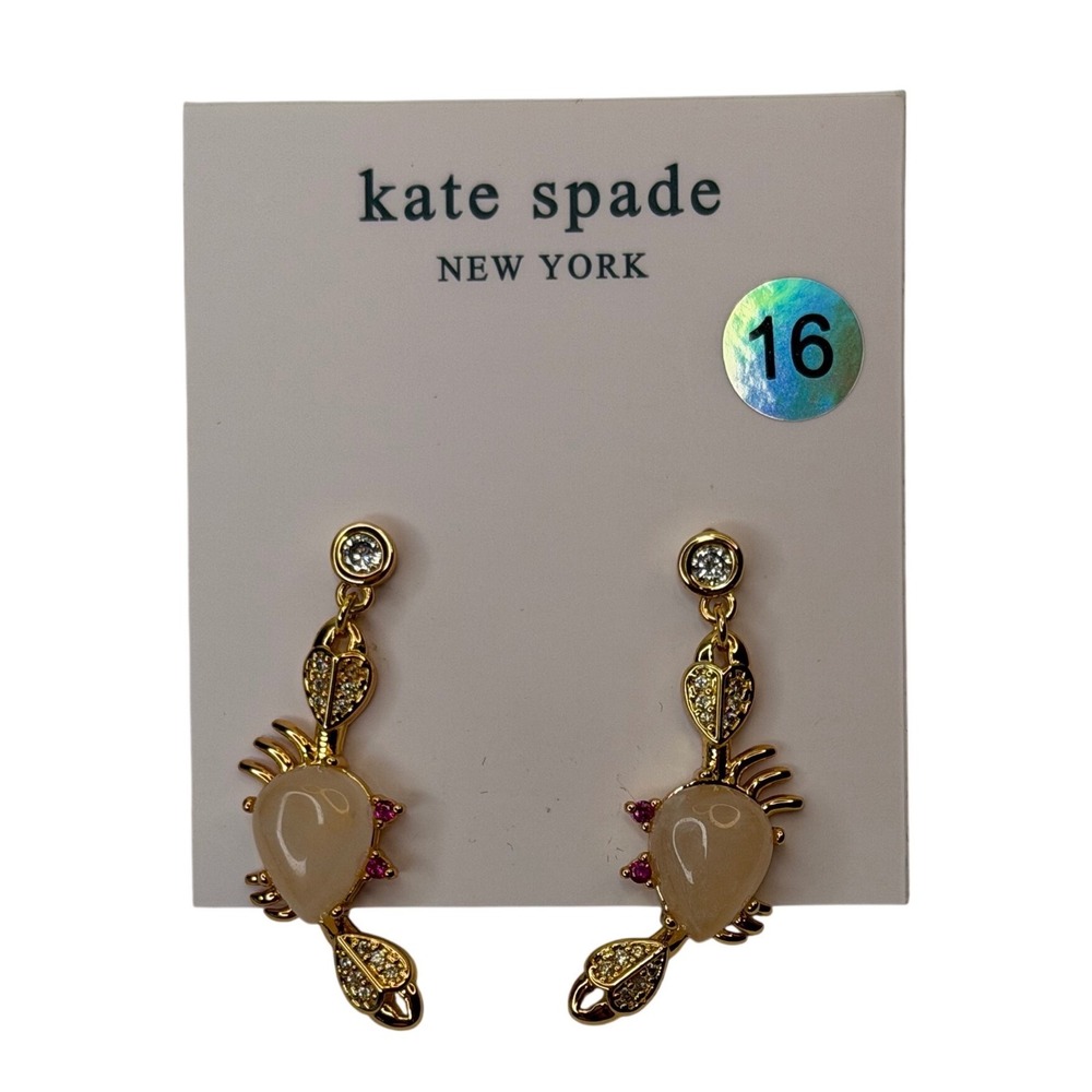 Kate Spade New York Gold Tone Crystal Crab Drop Earrings Peach Pink Nautical NWT